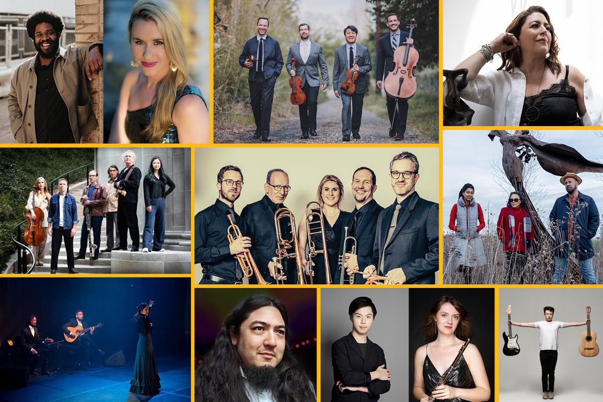 Collage of musicians featured in the 2025–26 Phillips Music Sunday Concert series. The image includes a diverse group of soloists and ensembles, captured in various performance and portrait settings.